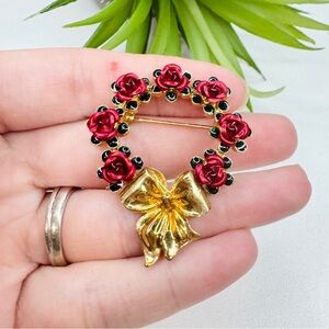 SOLD Vintage Avon Red Rose Enamel Gold Tone Bow Wreath Brooch